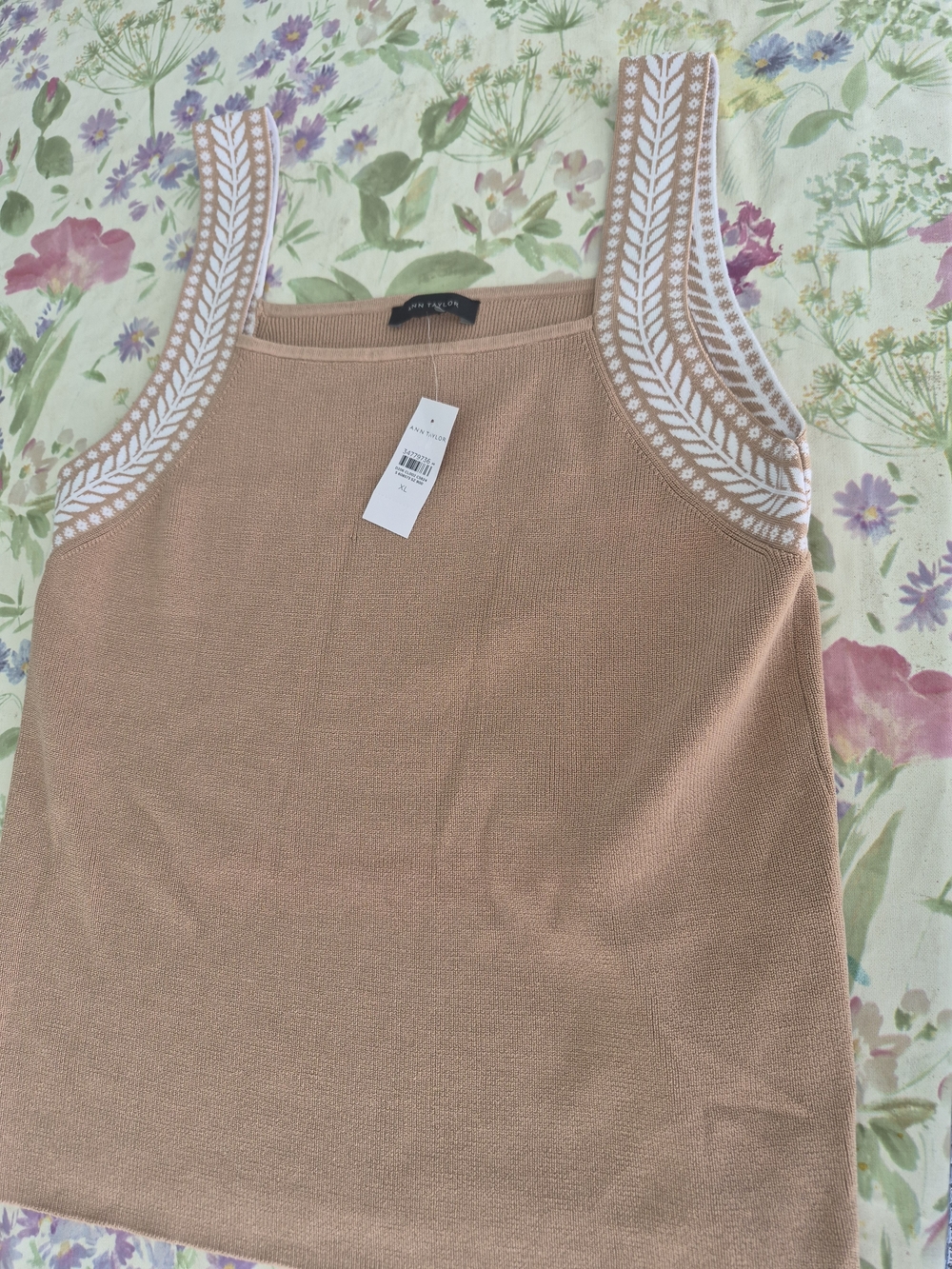 ANN TAYLOR  Tan Embroidered Strap Knit Tank